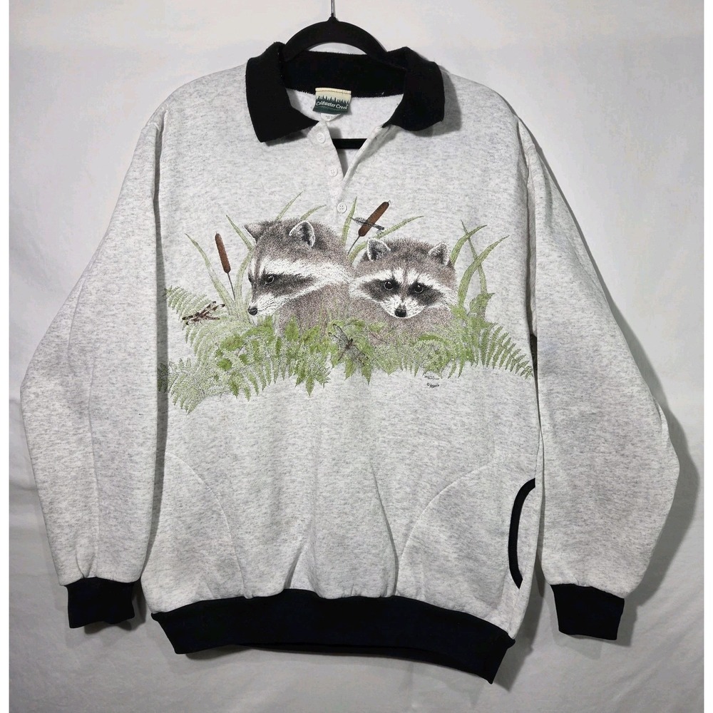 90s Coldwater Creek Raccoon Sweatshirt Large Double Sided Wrap Around Jimothy